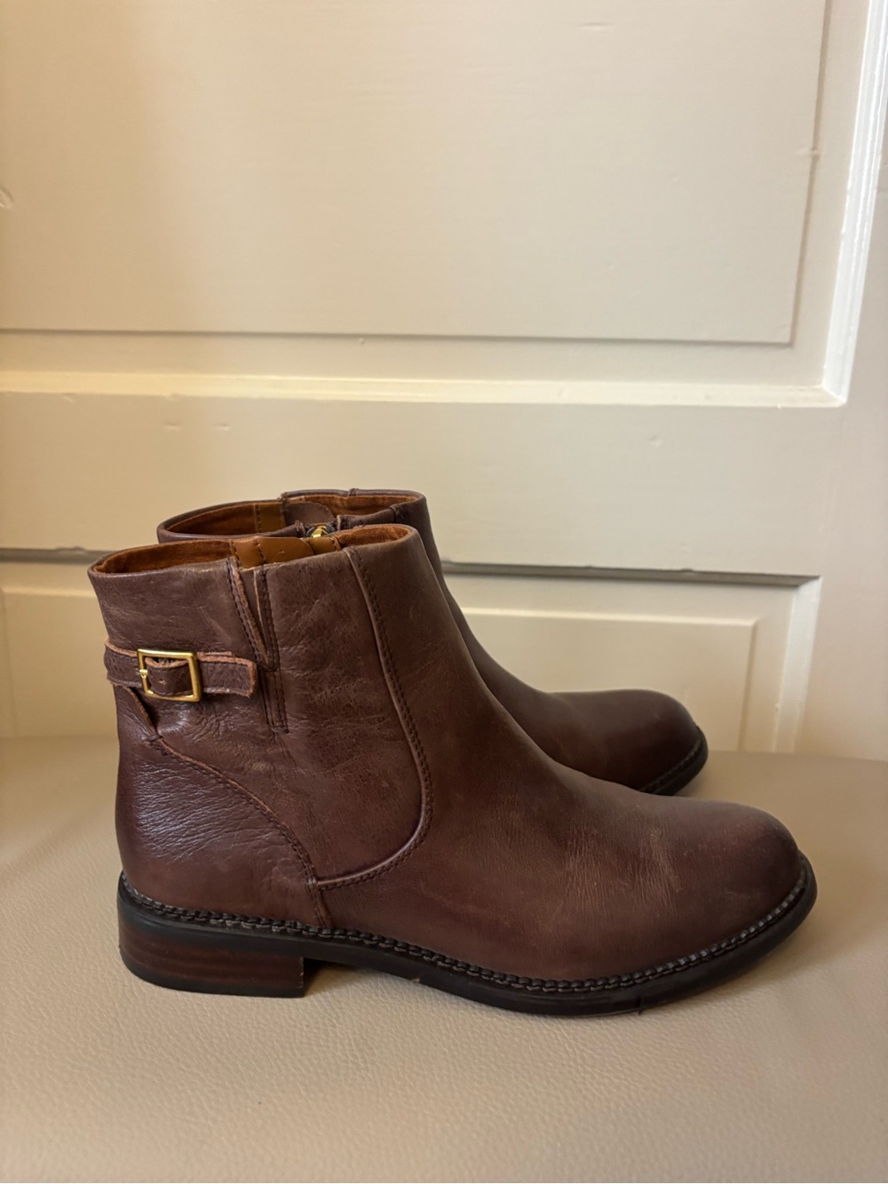 Franco Sarto Brown Leather Ankle Boots with Buckle Accent
